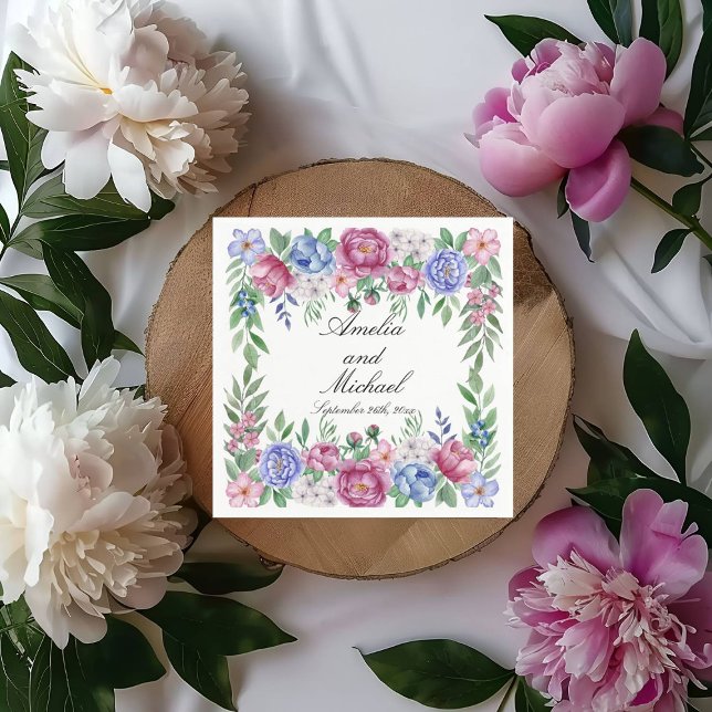 Serviette En Papier Mauve Blue Peonies Floral Mariage (Créateur téléchargé)