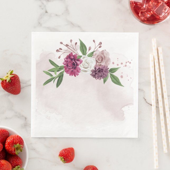 Serviette En Papier mauve rose fleurs blanches botaniques (En situation)