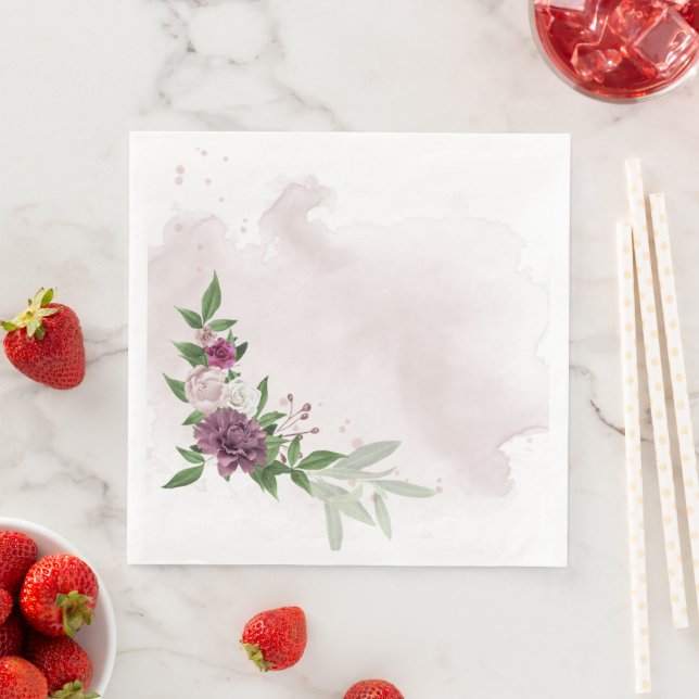Serviette En Papier mauve rose fleurs blanches botaniques (En situation)