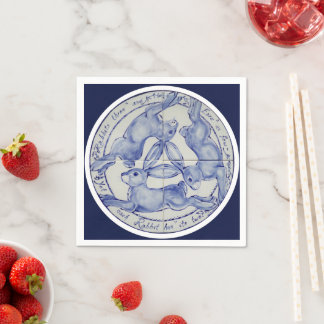 Serviette En Papier Médaillon de trois lièvres bleu carreaux blancs