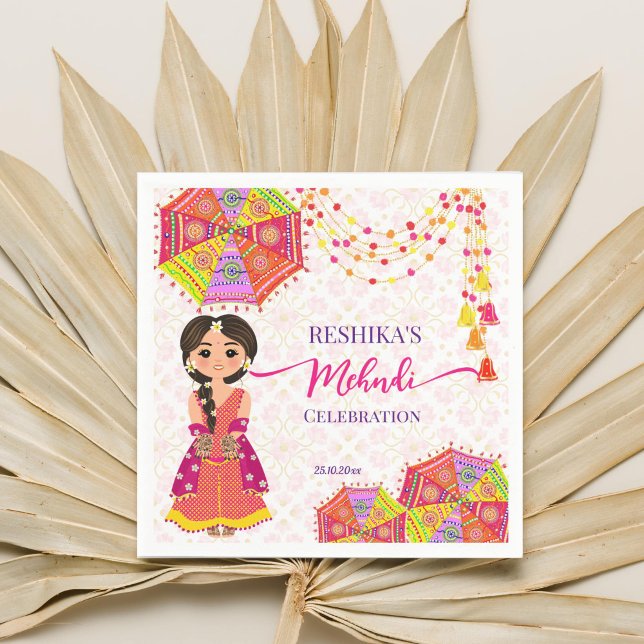 Serviette En Papier Mehndi parapluies de mariées indiennes mignonnes (Mehndi napkins cute Indian henna bride Indian decor umbrellas pom bells garlands mehndi tableware)
