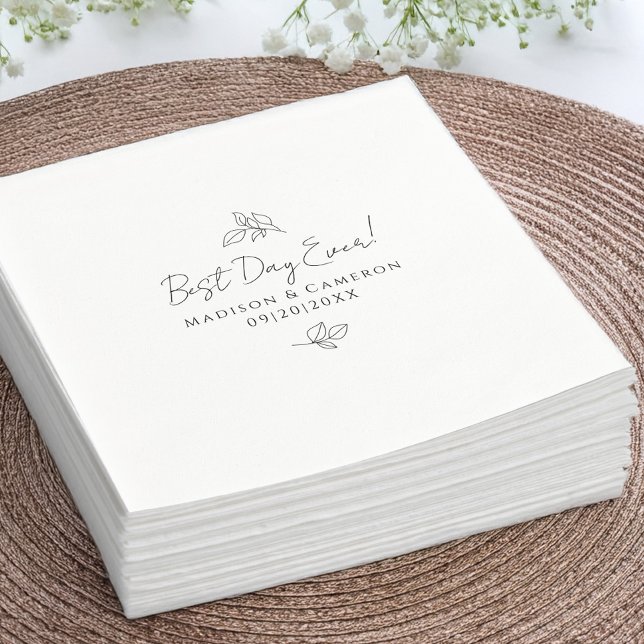 Serviette En Papier Meilleur Jour Jamais Élégant Mariage Feuille Noir  (Best Day Ever Elegant Wedding Leaves Black & White Napkins)