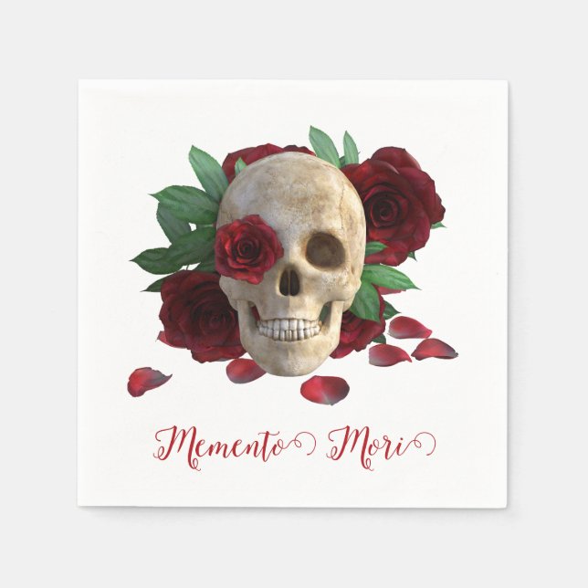 Serviette En Papier Memento Mori. Crâne aux roses rouges (Devant)
