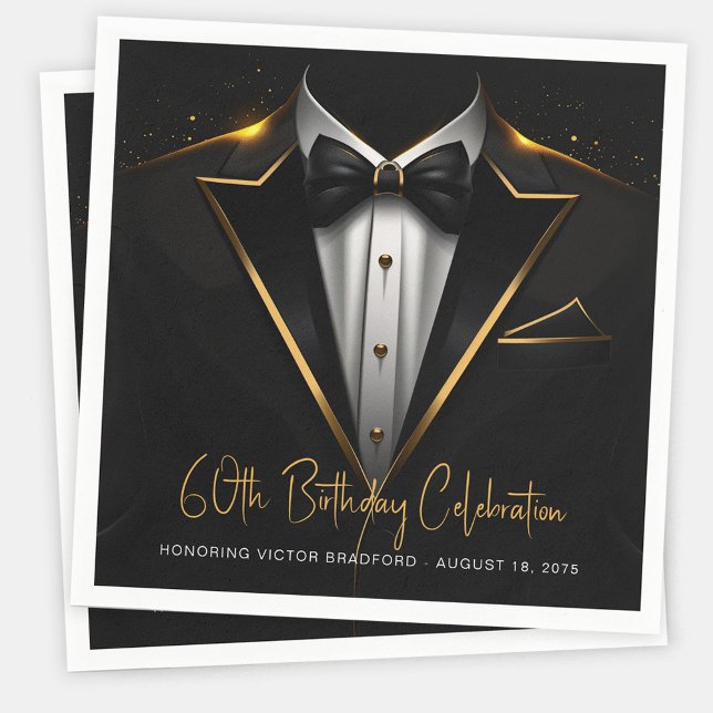 Serviette En Papier Mens Black Gold fête d'anniversaire (Mens black gold birthday party paper napkins. Add your event details, photo or logo to personalize.)
