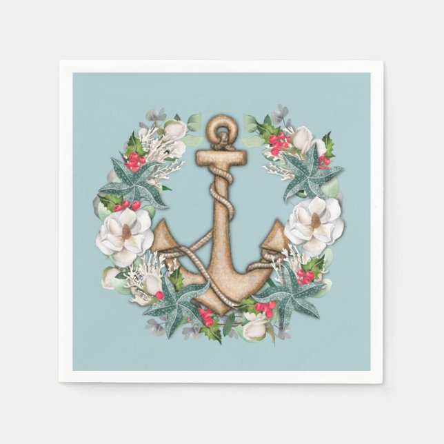 Serviette En Papier Mention de Noël nautique et Ancre | Turquoise lége (Devant)