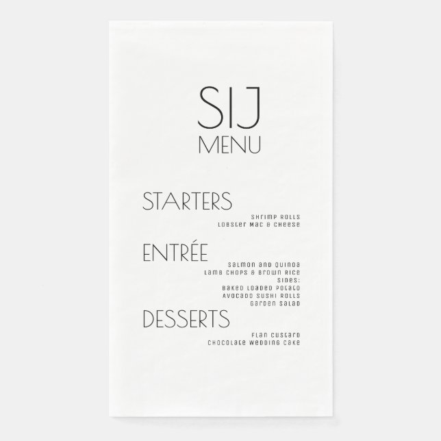 Serviette En Papier Menu de mariage simple noir et blanc moderne (Devant)