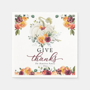 Serviette En Papier Merci Burgundy Floral Citrouille Thanksgiving