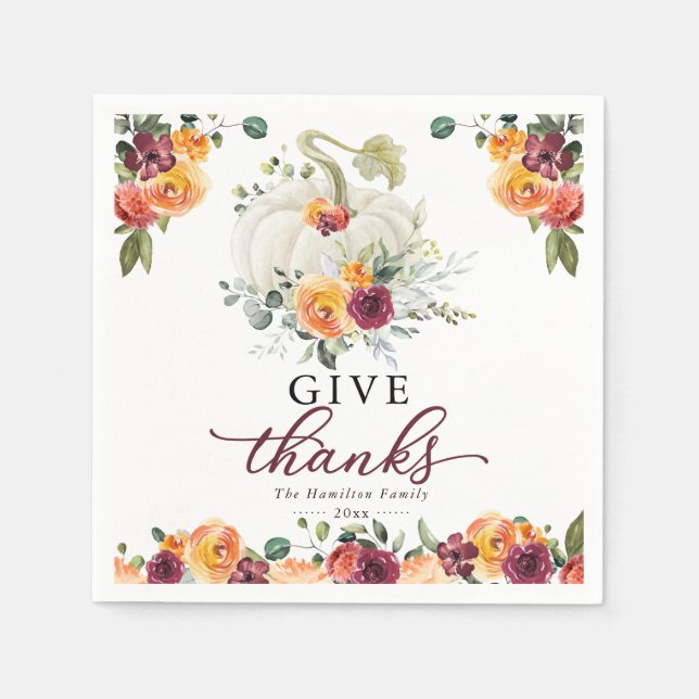 Serviette En Papier Merci Burgundy Floral Citrouille Thanksgiving (Devant)