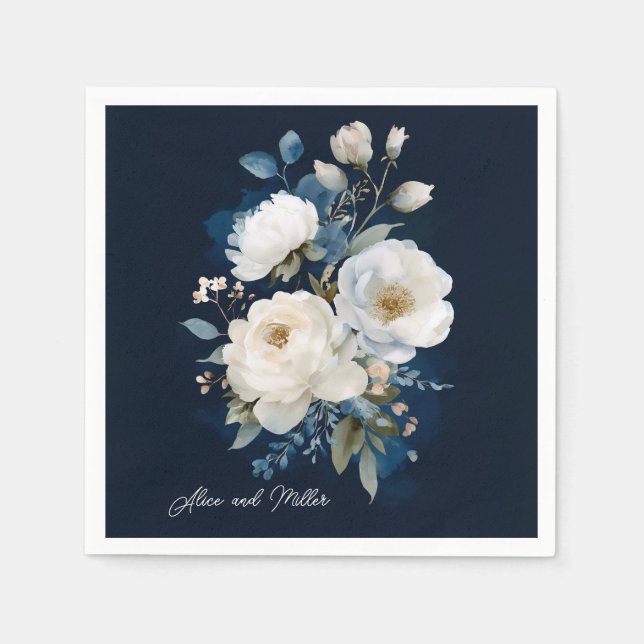 Serviette En Papier Merci Mariage floral bleu et blanc Peony (Devant)