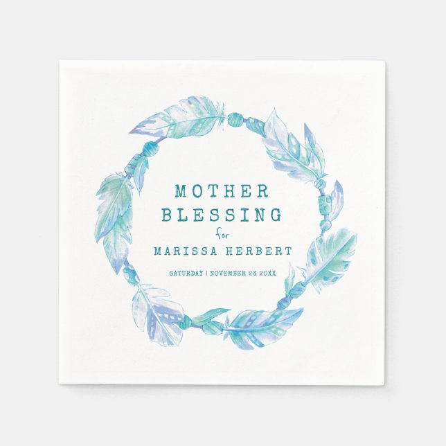 Serviette En Papier Mère Bienheureux perles plumes boho aqua turquoise (Devant)