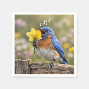 Serviette En Papier Merle bleu chantant dans un narcisse jaune