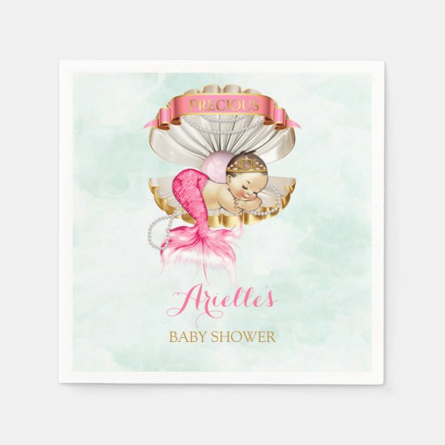 Serviette En Papier Mermaid Bébé Clam Shell Tiara Pearls Or rose (Devant)