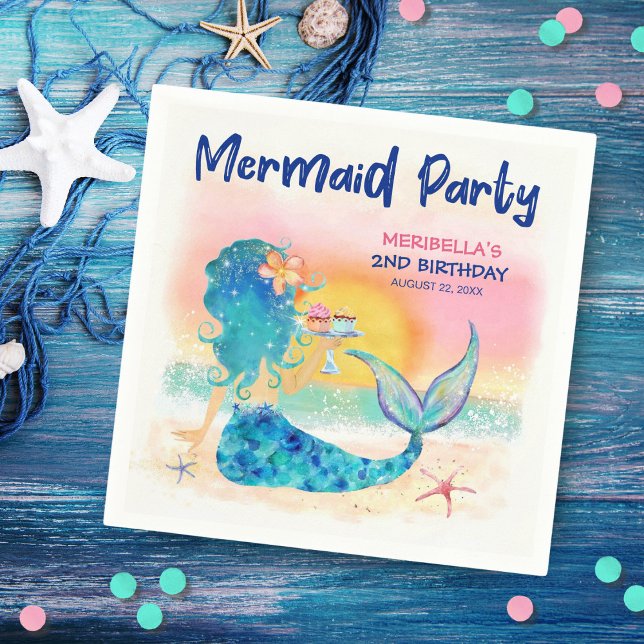 Serviette En Papier Mermaid Sea Cupcake Tropical Beach Girl'anniversai (Créateur téléchargé)
