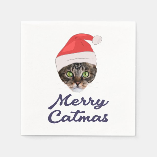 Serviette En Papier Merry Catmas, Noël Chat Santa hat Invitation (Devant)