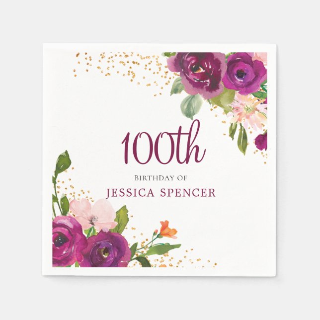 Serviette En Papier Merveilleuse Fleurs Roses Femmes 100e fête d'anniv (Devant)