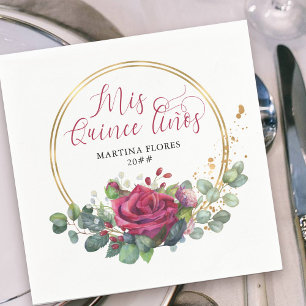 Serviette En Papier Mes Quinze Ans Fête Rose Rouge et Eucalyptus
