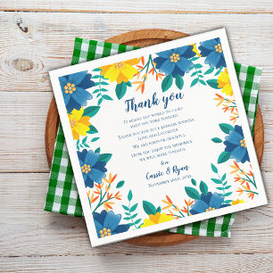 Serviette En Papier Message de Merci de Mariage Floral bleu et jaune