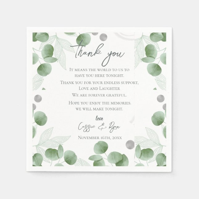 Serviette En Papier Message du Mariage Merci Feuille Eucalyptus (Devant)