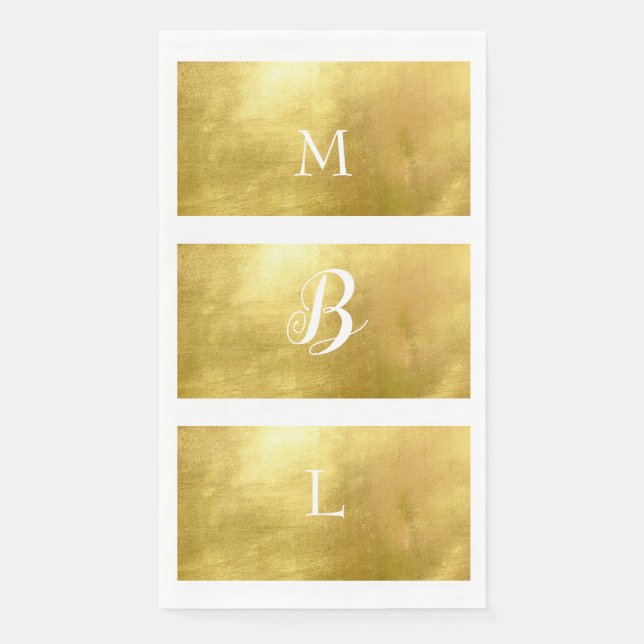 Serviette En Papier Métallic Or & Blanc Monogramme Mariage élégant (Devant)