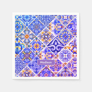 Serviette En Papier Mexicaine Sicilienne Méditerranée pourpre carreaux
