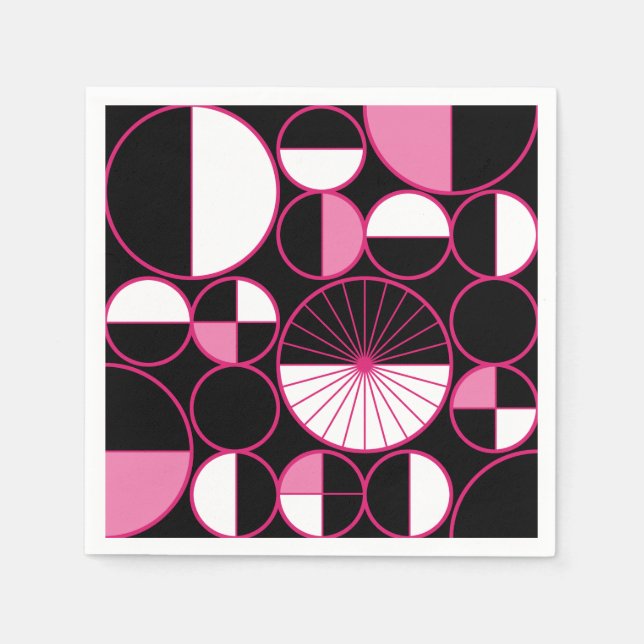 Serviette En Papier Mi-siècle Cercles modernes Moitié rose noir (Devant)