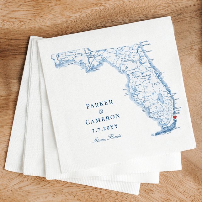 Serviette En Papier Miami Florida Carte Mariage élégant (These Miami Florida map napkins add a touch of elegance to your Florida destination wedding)