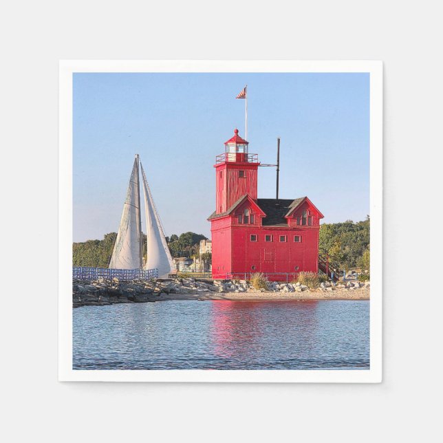 Serviette En Papier Michigan Big Red Lighthouse With Sailboat (Devant)