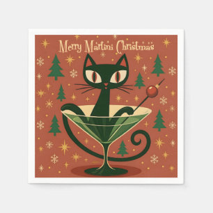 Serviette En Papier Mid Century Black Cat Merry Martini Noël