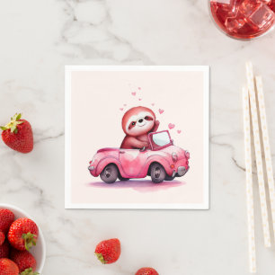 Serviette En Papier Mignon paresseux conduisant une décapotable rose