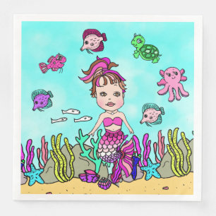 Serviette En Papier Mignonne Brunette Fille Sirène Fête d'Anniversaire