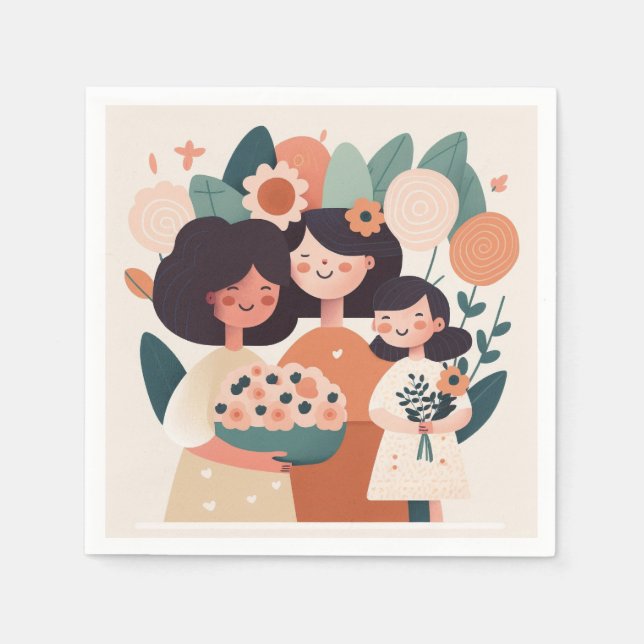 Serviette En Papier Mignonne caricature fille fille mère filles. Fête  (Devant)