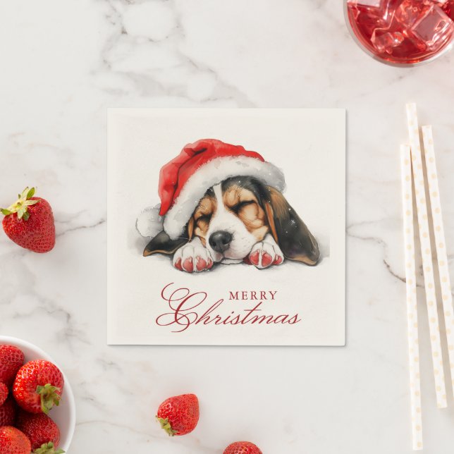 Serviette En Papier Mignonne chien avec Santa Hat Joyeux Noël (En situation)
