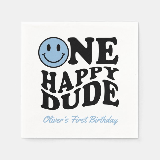 Serviette En Papier Mignonne One Happy Dude Blue Happy Face 1er Annive (Devant)