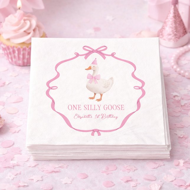 Serviette En Papier Mignonne One Silly Goose Rose Bow Premier annivers (Cute One Silly Goose Pink Bow First Birthday Napkins)
