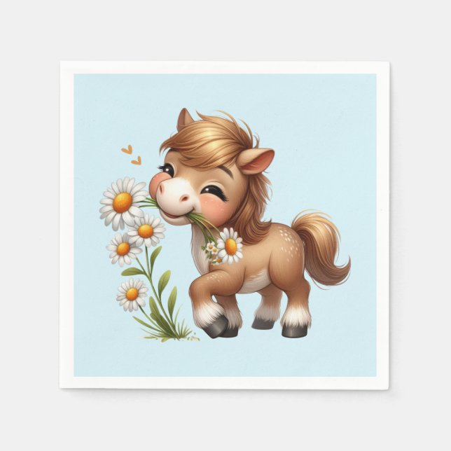 Serviette En Papier Mignonne Pony Mange Manger Des Marguerites (Devant)