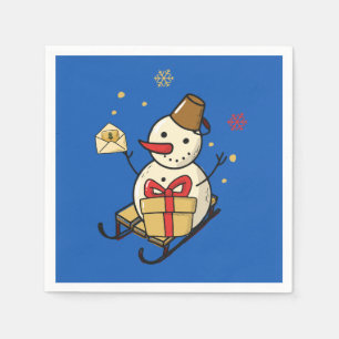 Serviette En Papier Mignonne Snowman Sur Un Motoneige