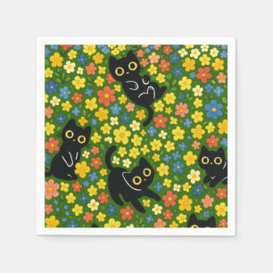 Serviette En Papier Mignons Chats Noirs Motif Floral de Prairie
