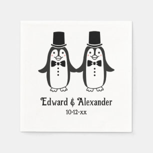 Serviette En Papier Mignons Manchots Mariage Couple Noms Date #2SmP