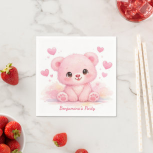Serviette En Papier Mignons Ours Bébés Pastel Rose Anniversaire Cœurs