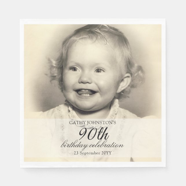 Serviette En Papier Minimalist Photo 90th Birthday (Devant)