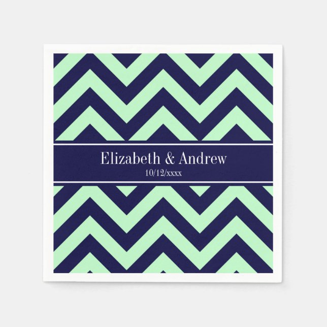 Serviette En Papier Mint Navy LG Chevron Navy Blue Nom Monogramme (Devant)