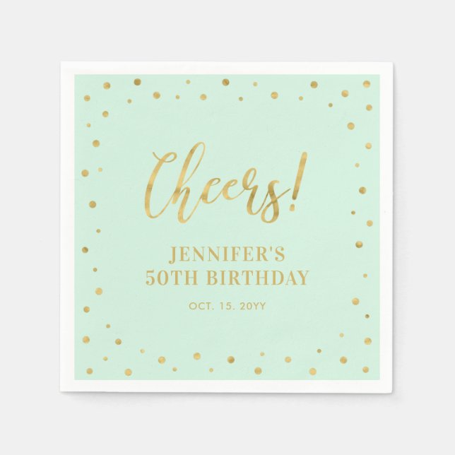 Serviette En Papier Mint & Or | Élégante Fête d'anniversaire classique (Devant)