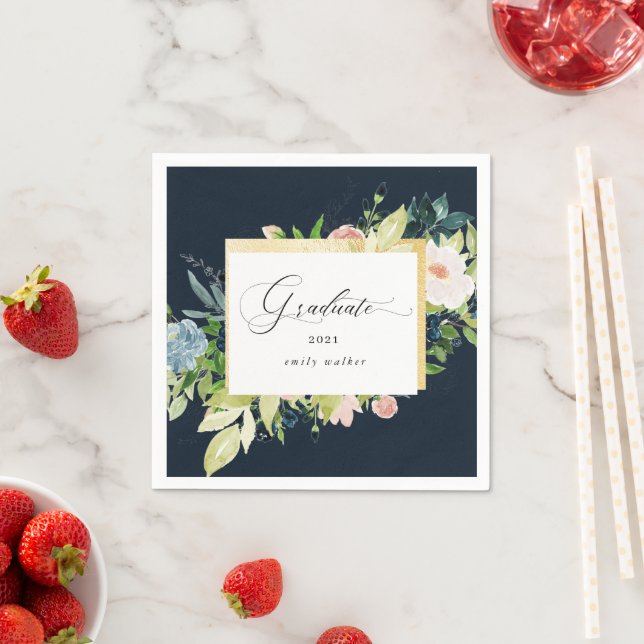 Serviette En Papier Minuit Blue Blush Floral Graduation serviettes (En situation)