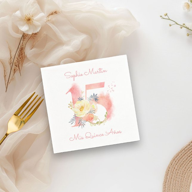 Serviette En Papier Mis Quince Anos Blush Rose Floral 15 Anniversaire (Cocktail Napkins from my Blush Pink Number 15 Quinceanera collection
)