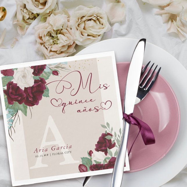 Serviette En Papier Mis Quince Anos Burgundy Ivory Floral Monogramme (Mis Quince napkins with monogram from my Royal Roses collection
)