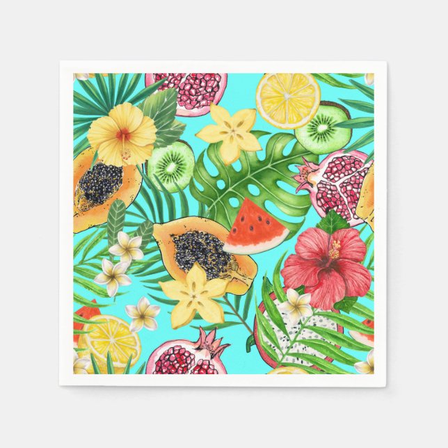 Serviette En Papier Mix-fruit tropical, fleurs et feuilles en bleu (Devant)