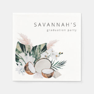 Serviette En Papier MOD Cocnut Coral & Blanc Floral Nom Party