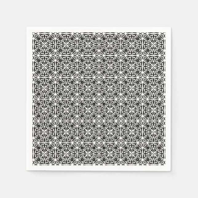 Serviette En Papier Modèle Damas médiéval, noir et blanc (Devant)
