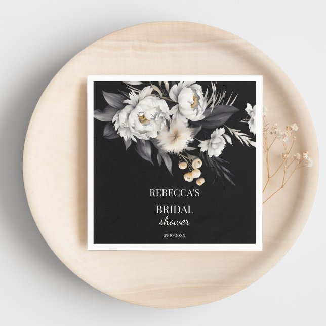 Serviette En Papier Modèle de douche nuptiale en boho noir et blanc (Black and white moody boho bridal shower template napkins personalized bridal shower tableware)