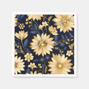 Serviette En Papier Modèle floral Elégant or et bleu